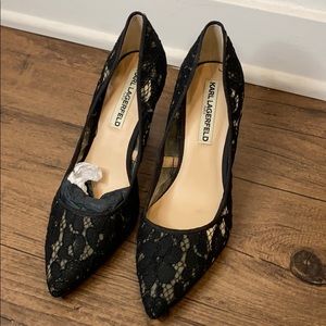 Black floral print heels
